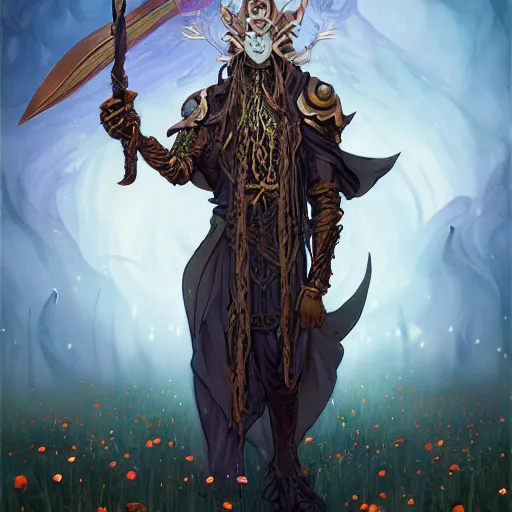 Prompt: Highly detailed powerful eldritch god of the night standing in elvish armor with a sword by Peter Mohrbacher, a cold night in a field of poppy flowers by Kelly Mckernan, a blade of ebony and gold by Takeshi Obata, trending on artstation