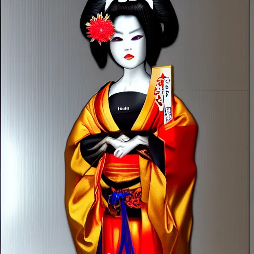 Prompt: realistic full body photo of demon geisha, gorgeous, scary, symmetrical, golden ration, high detail