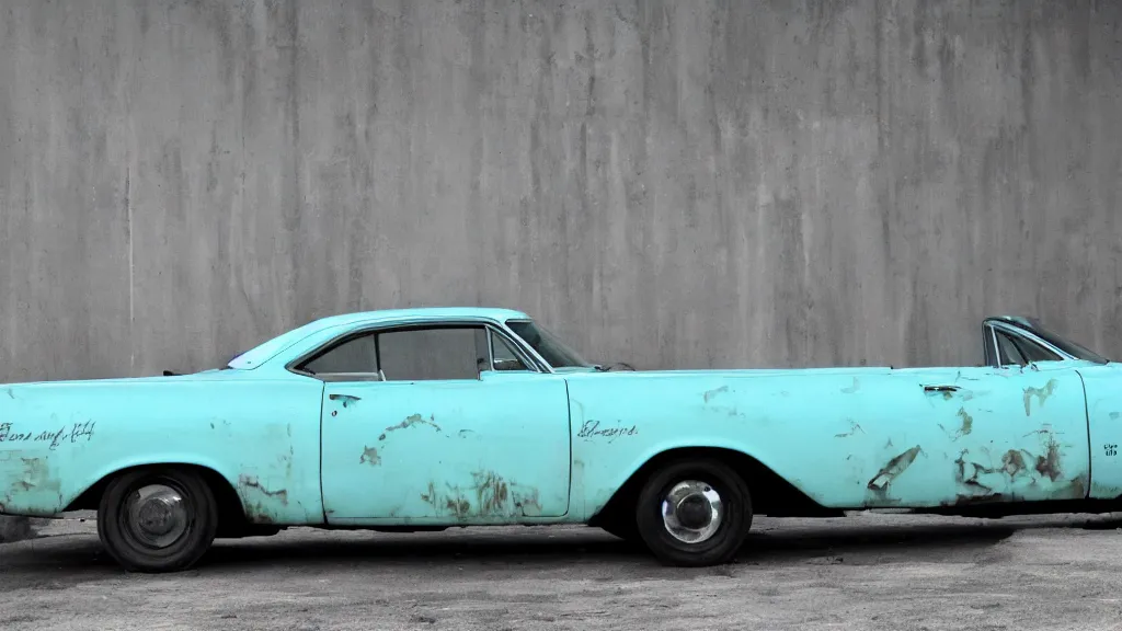 Prompt: A photograph faded faded faded faded beater beater beater beater powder blue Dodge Aspin, realistic