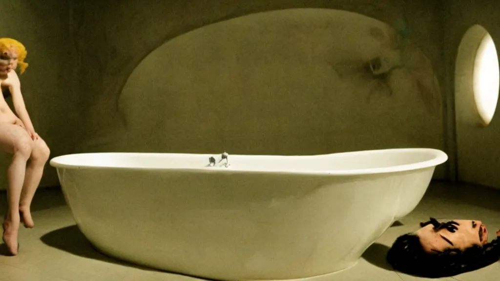 Image similar to the strange creature in a bathtub, film still from the movie directed by Denis Villeneuve with art direction by Salvador Dalí, wide lens