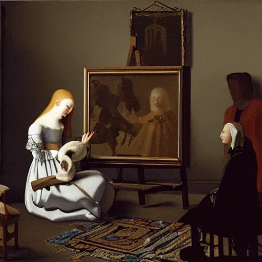 Prompt: a painting of Elle Fanning at a seance surrounded by ghosts, by Johannes Vermeer