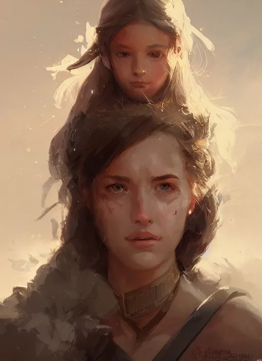 Prompt: A portrait of the warrior daughter in the style of in the style of Greg Rutkowski, heavenly bright light, style of Charles Sillem Lidderdale, artstation