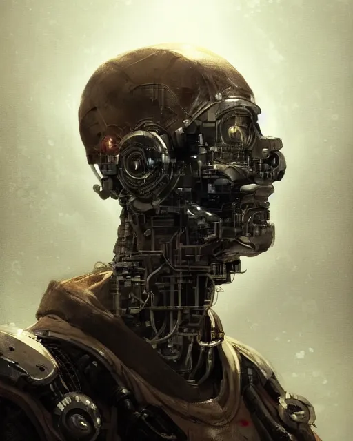 Image similar to a half - masked rugged young laboratory engineer man with cybernetic enhancements as seen from a distance, scifi character portrait by greg rutkowski, esuthio, craig mullins, 1 / 4 headshot, cinematic lighting, dystopian scifi gear, gloomy, profile picture, mechanical, half robot, implants, steampunk