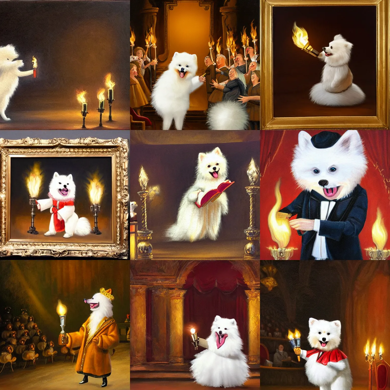 Prompt: Oil painting of cute furry white pomeranian singing opera in theatre, on stage with torches