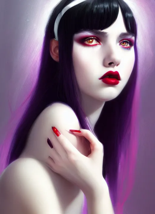 Image similar to portrait of teenage girl, red irises, red eyes, black hair, white bangs, purple lipstick, white bangs, bangs, black hair and white bangs, intricate, elegant, glowing lights, highly detailed, digital painting, artstation, concept art, smooth, sharp focus, illustration, art by wlop, mars ravelo and greg rutkowski