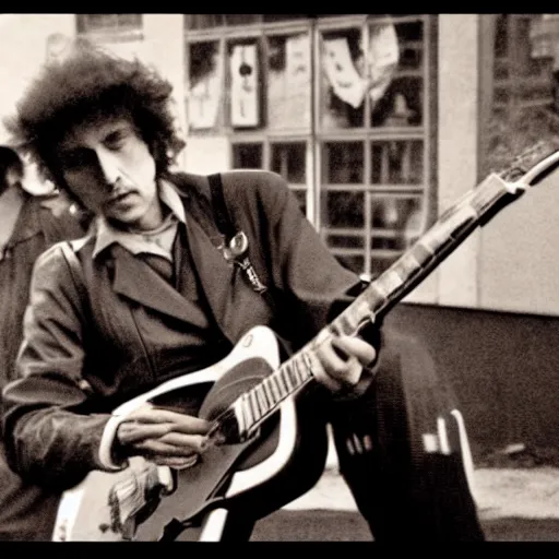 Image similar to bob dylan riding his motorcycle playing with his guitar in the fullham football club stadium, 4 k, high detail