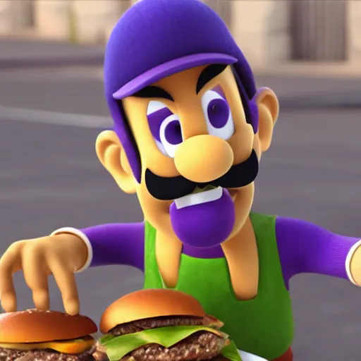 Image similar to waluigi eating hamburger, hyperrealistic, hyperdetalied, high quality, 8 k, high rendering, photorealistic, cinematic, cgsociety, artstation,