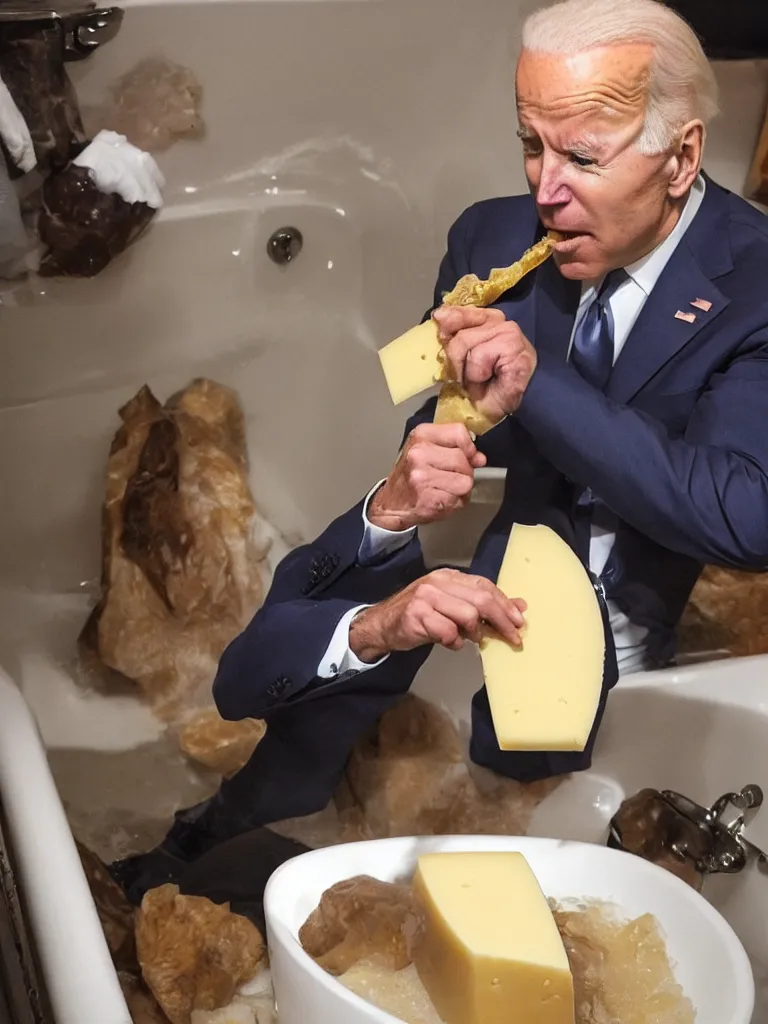 Image similar to Joe Biden eating cheese in a bathtub