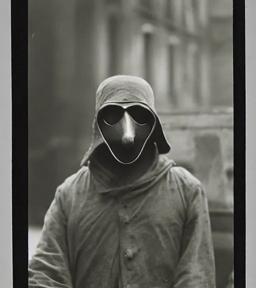 Image similar to a man at wearing plague doctor mask in distance, ww1 film photo, grainy, high detail, high resolution