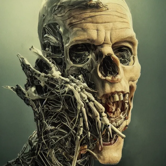 Image similar to portrait of Tom Hardy as a skeleton. intricate abstract. intricate artwork. nightmare fuel. by Tooth Wu, wlop, beeple, dan mumford. octane render, trending on artstation, greg rutkowski very coherent symmetrical artwork. cinematic, hyper realism, high detail, octane render, 8k, iridescent accents