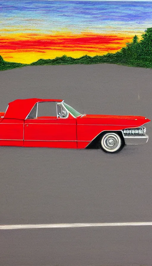Image similar to 1 9 6 3 red cadillac convertible in the distance driving down empty highway into an orange sunrise, oil pastel, high detail, realistic, vintage, surreal