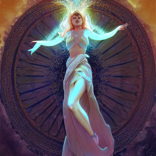Prompt: a goddess dancing in the desert, glowing, fantasy, intricate and very beautiful and elegant, highly detailed, digital painting, artstation, concept art, smooth and sharp focus, illustration, art by tan zi and ayanamikodon and alphonse mucha and wlop
