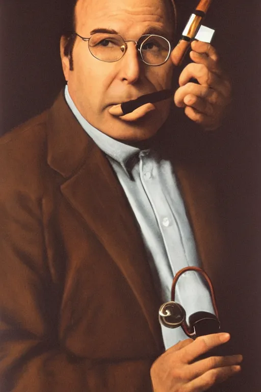 Image similar to portrait photo of george constanza, smoking a pipe, atmospheric