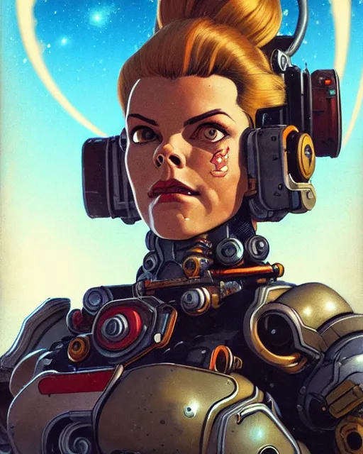 Image similar to brigitte from overwatch, character portrait, portrait, close up, concept art, intricate details, highly detailed, vintage sci - fi poster, retro future, in the style of chris foss, rodger dean, moebius, michael whelan, and gustave dore