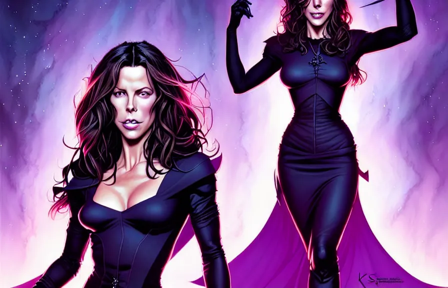 Image similar to kate beckinsdale comic cover art, artgerm, joshua middleton, pretty stella maeve witch doing black magic, serious look, purple dress, symmetrical eyes, symmetrical face, long black hair, full body, twisted evil dark forest in the background, cool colors