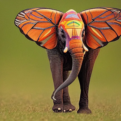 Prompt: butterfly elephant hybrid, bold natural colors, national geographic photography, masterpiece, full shot