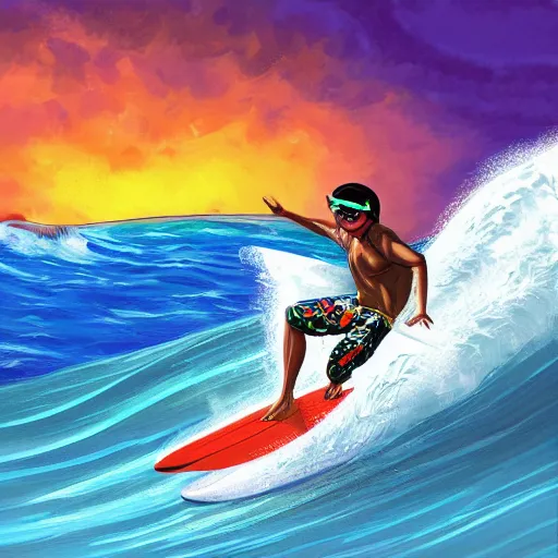 Prompt: a horse wearing a Hawaiian shirt, shorts, and sunglasses surfing a picturesque wave in Hawaii, photorealistic, action pose, digital painting