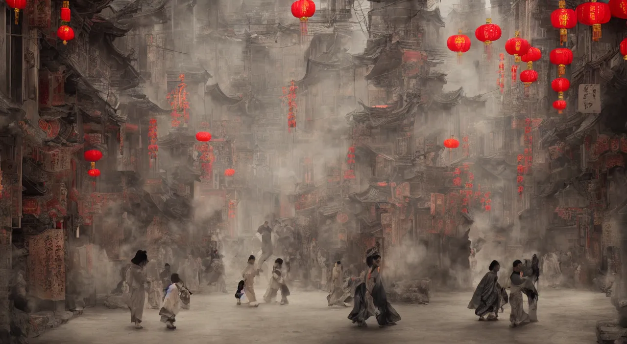 Image similar to on the night of the chinese new year's day, many chinese ghosts wander in the ancient chinese streets. the guiding line composition method, the tindal effect, the soft light, the cool color, by wu jinyuan, trending on artstation