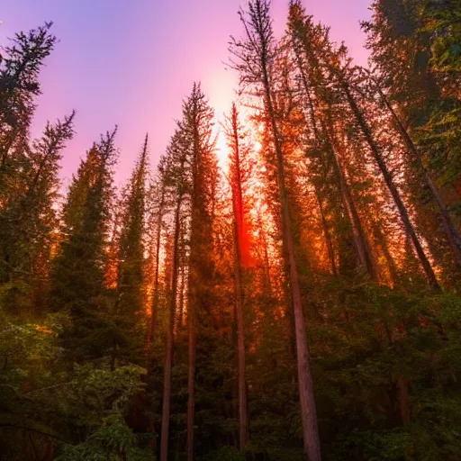 Image similar to calm peaceful forest during sunset, 8k hd, light reflection, relaxing, alone, first person