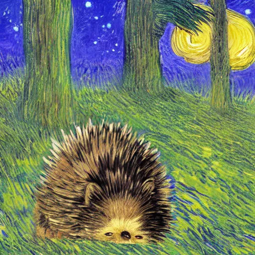 Image similar to sad painting of detailed realistic sonic the hedgehog in the woods at night, in the style of studio ghibli and moebius and claude monet and edward hopper and vincent van gogh