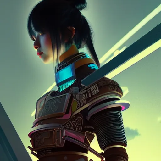 Image similar to portrait futuristic Samurai Girl, in future cyberpunk tokyo rooftop , ssci-fi, fantasy, intricate, very very beautiful, elegant, human anatomy, neon light, highly detailed, digital painting, artstation, concept art, smooth, sharp focus, illustration, art by tian zi and WLOP and alphonse mucha