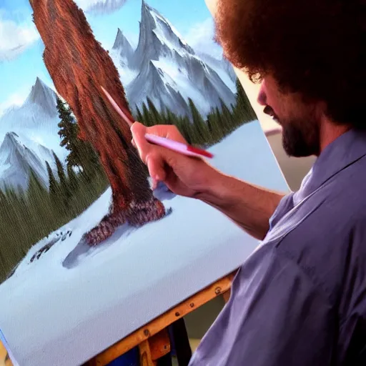 Image similar to a closeup photorealistic photograph of bob ross working on a canvas painting of darth vader. film still. brightly lit scene. mountains and trees. this 4 k hd image is trending on artstation, featured on behance, well - rendered, extra crisp, features intricate detail, epic composition and the style of unreal engine.