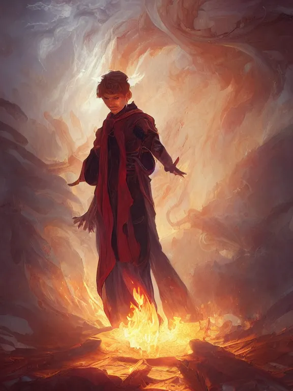 Image similar to young summoner with a fire elemental, fantasy, man, intricate, elegant, highly detailed, digital painting, artstation, concept art, wallpaper, smooth, sharp focus, illustration, art by artgerm and greg rutkowski and alphonse mucha