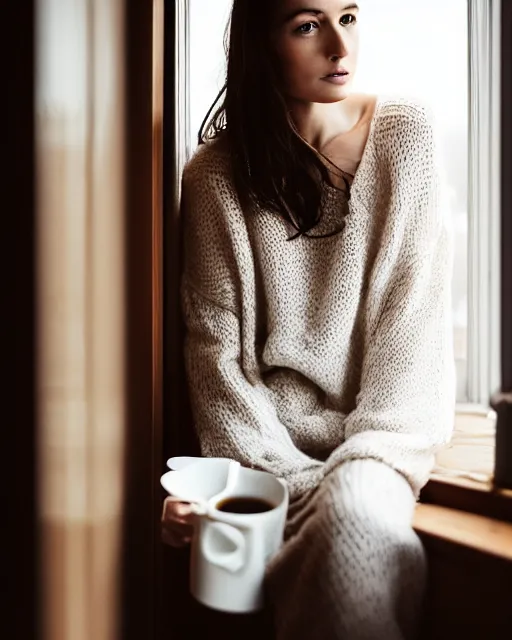 Image similar to photograph of a pretty french girl with dark hair, wearing a loose oversized white sweater, cuddled up by a windowsill sipping a mug of tea during sunset. Shot in the style of Annie Leibovitz for a fashion lookbook in 2018, Sigma 1.6, 50mm, bokeh, cinematic lighting, high detail, tack sharp focus, award winning.