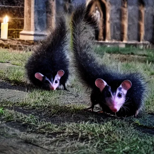 Image similar to goth vampiric scary possums in a medieval cemetery at night