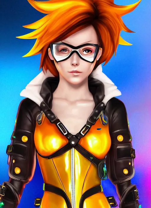 Prompt: portrait bust digital artwork of tracer overwatch, wearing iridescent rainbow latex and leather straps catsuit outfit, in style of mark arian, angel wings, wearing detailed leather collar, chains, black leather harness, detailed face and eyes,
