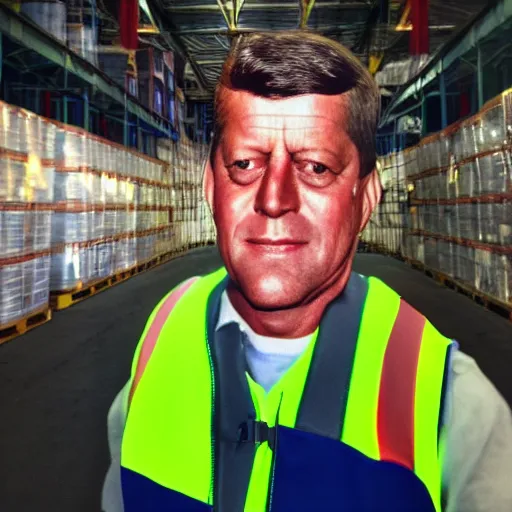 Image similar to photo, close up, john f kennedy in a hi vis vest, in warehouse, android cameraphone, 2 6 mm,