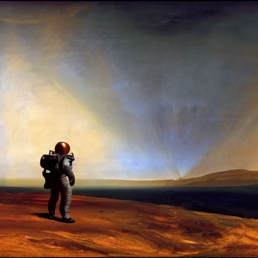 Prompt: astronaut standing on the surface of mars, looking at the turbulent sky on the horizon as painted by caravaggio as painted by turner, high detail 8 k render