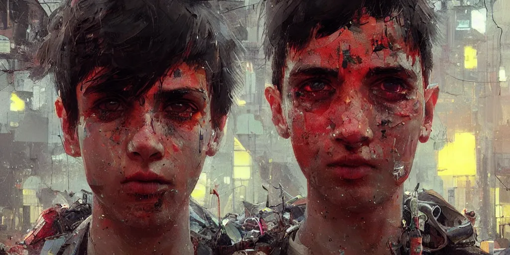 Prompt: extreme closeup on the eyes of a neon guard boy with short dark hair in front of a dystopian crowd with piles of garbage by Ismail inceoglu dragan bibin hans thoma, Perfect face, fine details, realistic shaded, fine-face, pretty face