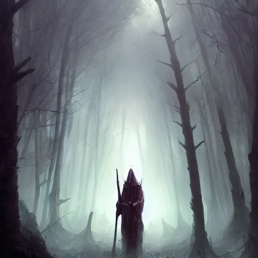 Prompt: ''cinematic shot'' dark hooded mage using his magic to create zombies in the dead forest with leaves falling simetrical 8 k atmosferic realistic made by ivan aivazovsky, peter mohrbacher, greg rutkowski volumetric light effect broad light oil painting painting fantasy art style sci - fi art style realism premium prints available artwork unreal engine