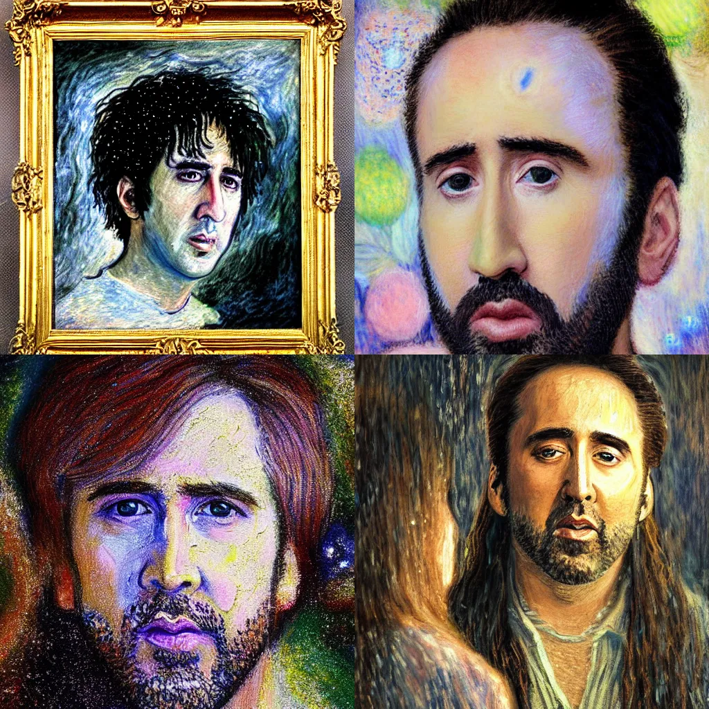 Prompt: A delicate, soft and highly detailed painting of Nicolas cage with sparkly googly anime eyes, chiaroscuro, masterpiece painted by Claude Monet, post-impressionism, thick impasto technique, paint-on-glass painting, pastel oil inks, very ethereal, vantablack chiaroscuro, paint-on-glass painting, oil inks, very ethereal, silver light, nacre colors