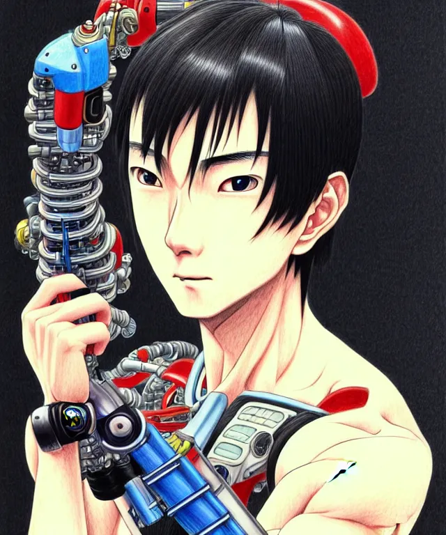 Prompt: a highly detailed full - color drawing by otomo katsuhiro, portrait of a handsome young japanese man with a cybernetic arm, pixiv, manga, anime, google top result, artstation frontpage