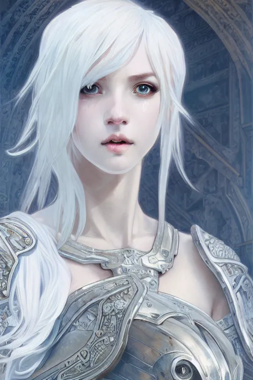 Prompt: portrait white hair knights of zodiac girl, matt white ice color armor, in ruined agora of athens, ssci - fi and fantasy, intricate and very very beautiful and elegant, highly detailed, digital painting, artstation, concept art, smooth and sharp focus, illustration, art by tian zi and wlop and alphonse mucha and ilya kuvshinov