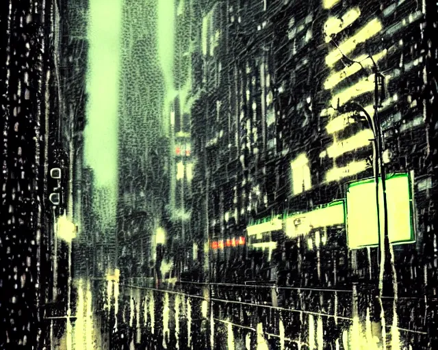 Image similar to rainy autumn day in the city in the style of cyberpunk noir art deco