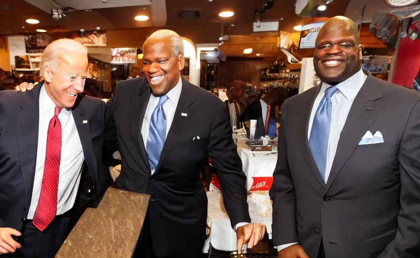 Prompt: a photo of joe biden at papa john's with shaquille o'neal