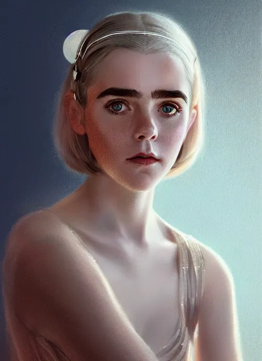 Image similar to portrait of kiernan shipka with freckles, white hair, 1 9 6 0 s bob hairstyle with bangs and hairband, intricate, elegant, glowing lights, highly detailed, digital painting, artstation, concept art, smooth, sharp focus, illustration, art by wlop, mars ravelo and greg rutkowski