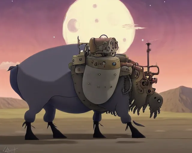 Image similar to a cell shaded cartoon grey lovecraftian mechanized bison from howl's moving castle ( 2 0 0 4 ), with a big head, on a desert road, wide shot, in front of a big moon, muted colors, post grunge, josan gonzales, wlop, by james jean, victor ngai, hq, deviantart, art by artgem