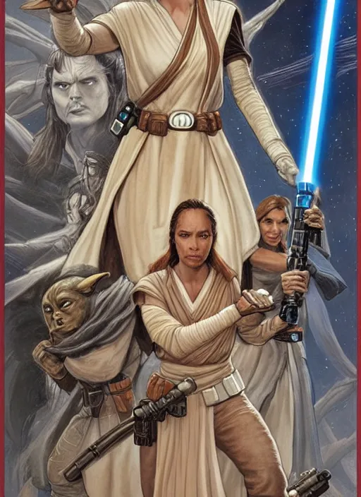 Prompt: movie poster by iain mccaig and magali villeneuve, a beautiful woman jedi master, highly detailed. star wars expanded universe, she is about 2 0 years old, wearing jedi robes.