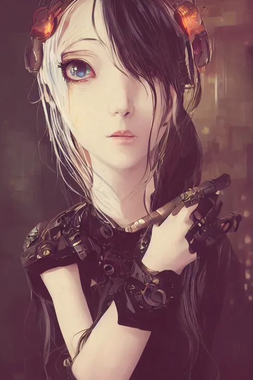 Image similar to portrait of beautiful young gothic anime maiden, cute-fine-face, pretty face, realistic shaded Perfect face, fine details. Anime, cyberpunk, Warhammer, highly detailed, artstation, illustration, art by Ilya Kuvshinov and ((Gustav Klimt))