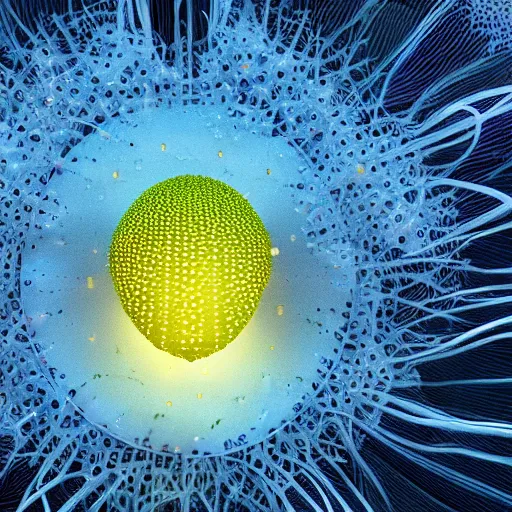 Image similar to tiny single - cell creature, floating, rbc, radiolaria, protophyta, micro - organisms, center, symmetric, rim light, marine microbiology, bioluminescence, electric, fur, soft, concept art, intricate details, highly detailed, colorful, photorealistic, disney pixar, octane render, iridescent, anime, 8 k