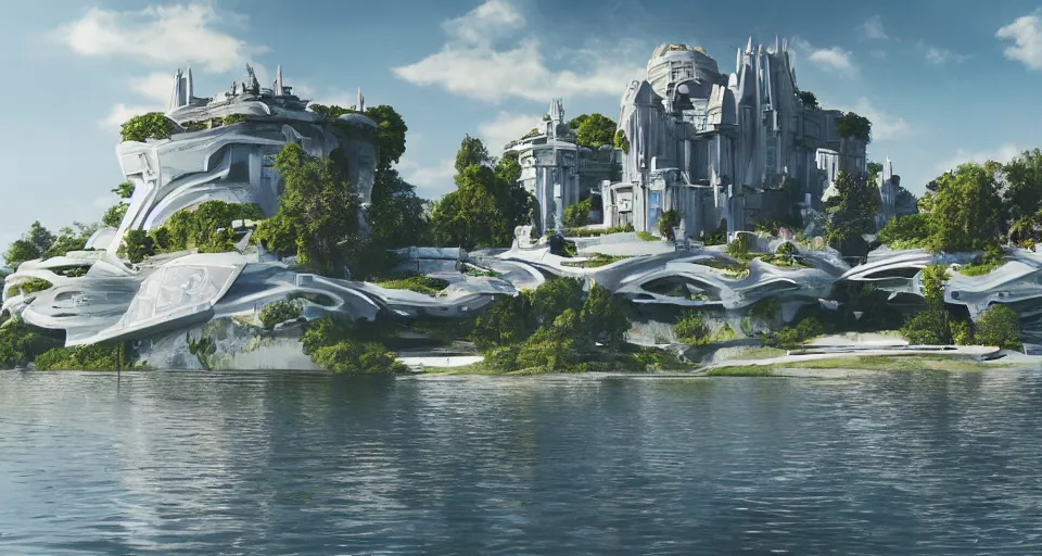 Image similar to elegant sci - fi castle with white walls in the middle of a lake overlooking a sleek futuristic city surrounded by greenery, luxurious, sunny day, cinematic, expansive, artstation trending, matte painting, concept art