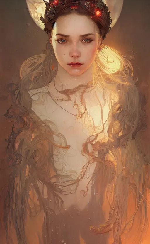 Prompt: portrait of a girl death on her head , surreal, intricate, headshot, highly detailed, digital painting, artstation, concept art, cinematic lighting, illustration, art by artgerm and greg rutkowski, alphonse mucha, cgsociety, science fiction
