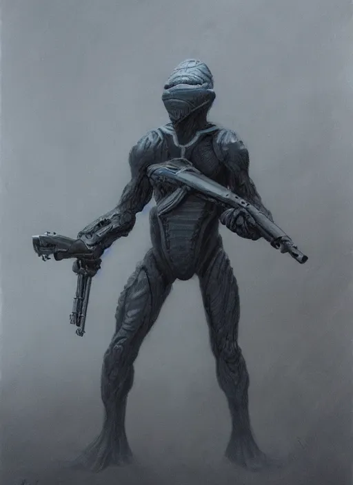 Image similar to sangheilli elite holding a gun, in the style of zdzisław beksinski