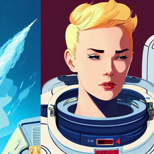 Prompt: character concept art, stoic heroic emotionless square-jawed butch blonde handsome woman engineer, no makeup, in flight suit, on space station, science fiction, in the Style of Artgerm and Charlie Bowater and Atey Ghailan and Mike Mignola, vibrant colors and hard shadows and strong rim light, Comic Cover Art, plain background, trending on artstation