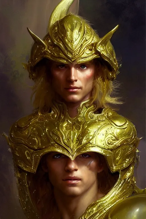 Prompt: a bronze - skinned elf of incredible beauty with luscious cropped golden hair decorated with strands of silver, eyes glowing with a brilliant white light, wearing a gold and green set of platemail armor, portrait dnd, painting by gaston bussiere, craig mullins, greg rutkowski, yoji shinkawa