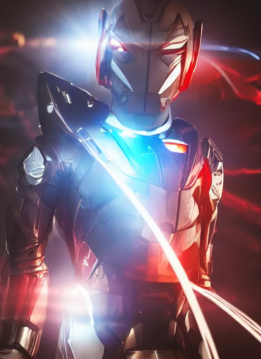 Image similar to kaos superheroes space sheriff gavan, tokusatsu, figzero ultraman suit, posing in neo - tokyo futuristic, glowing light, chrome, cinematic post process, ultra realistic, hyper detailed, octane render, photograph, bokeh